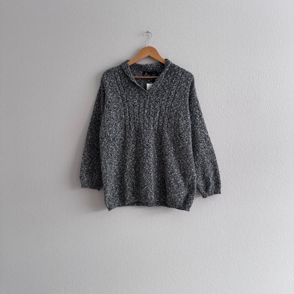 Vintage Heathered Grey Liz Claiborne Notch V Neck Knit Sweater - Petite Large
